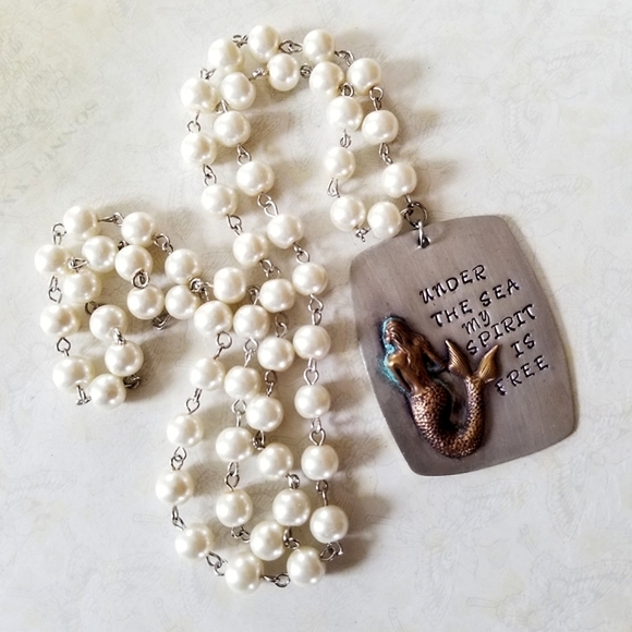 Hand Crafted Hand Stamped Faux Pearl Mermaid Pendant Necklace - Picture 7 of 16